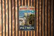 a vintage-style poster advertising "The Historic Centre Chora" in Greece, with a scenic illustration of a town and a cave.