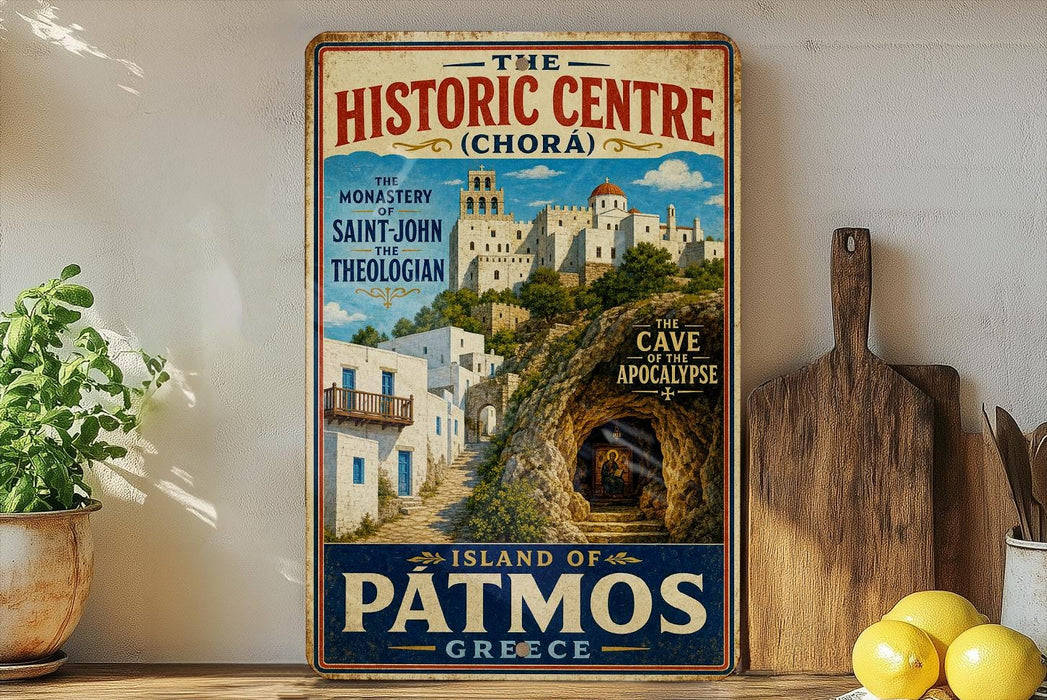 a vintage-style sign for "The Historic Centre (Chora)" in Greece, with a picture of a castle and a tunnel.