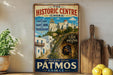 a vintage-style sign for "The Historic Centre (Chora)" in Greece, with a picture of a castle and a tunnel.