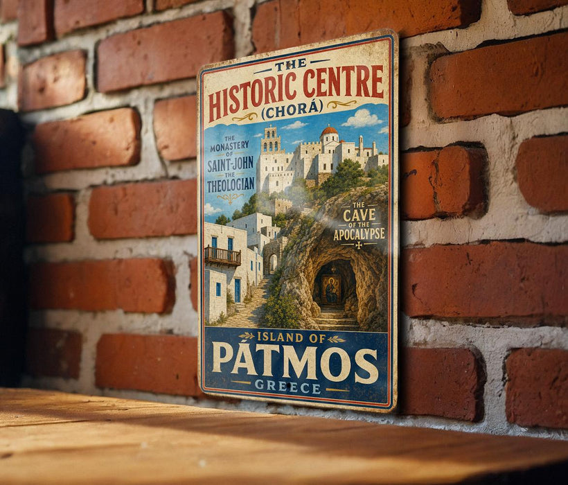 A vintage metal sign for the Historic Centre in Patmos, Greece, featuring a scenic image of the island's architecture and landscape.