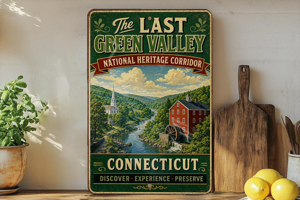 A vintage-style sign for "The Last Green Valley National Heritage Corridor" in Connecticut, featuring a scenic image of a river and a red brick building.