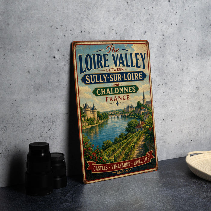 A vintage-style metal sign advertising the Loire Valley between Sully-Sur-Loire and Chalonnes, France, with a scenic image of the region.