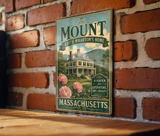 A vintage-style metal sign for "The Mount Edith Wharton's Home" in Massachusetts, featuring a large illustration of a house surrounded by flowers and a mountainous landscape.