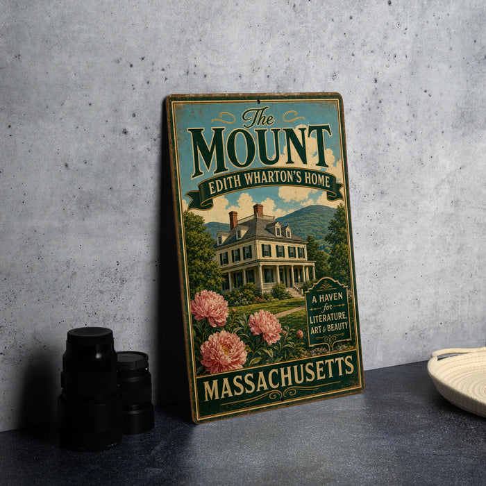 a vintage-style sign for "The Mount Edith Wharton's Home" in Massachusetts, with a large house and flowers on the sign.