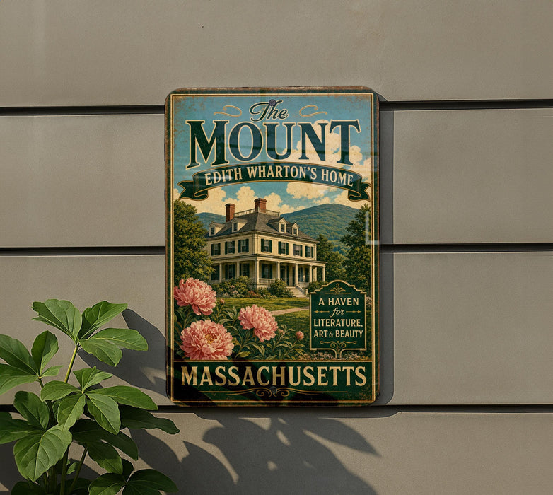 A vintage metal sign for "The Mount Edith Wharton's Home" in Massachusetts, featuring a large house surrounded by flowers and a mountain in the background.