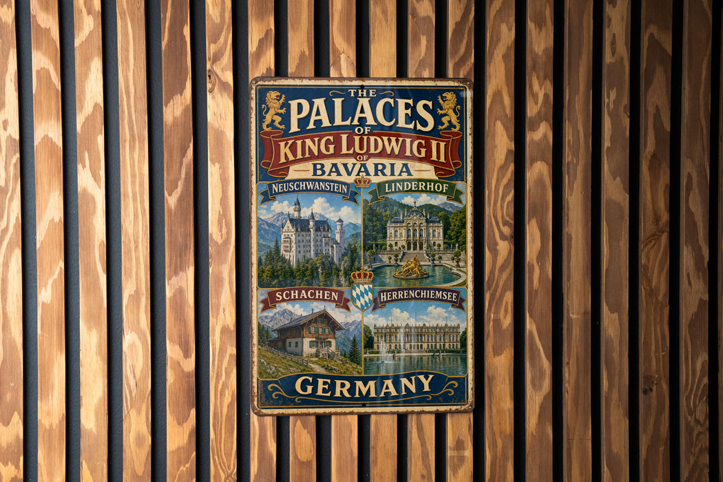 The image is a vintage metal sign that features illustrations of various landmarks in Germany, including palaces, castles, and other historical buildings.