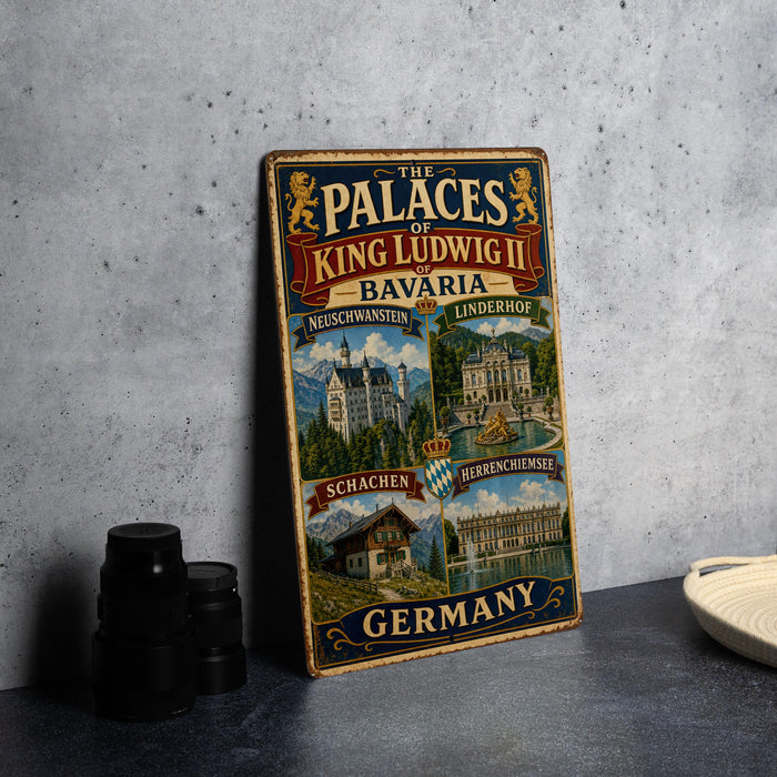A vintage metal sign displaying the palaces of King Ludwig II in Bavaria, Germany, with images of the palace, gardens, and other landmarks.