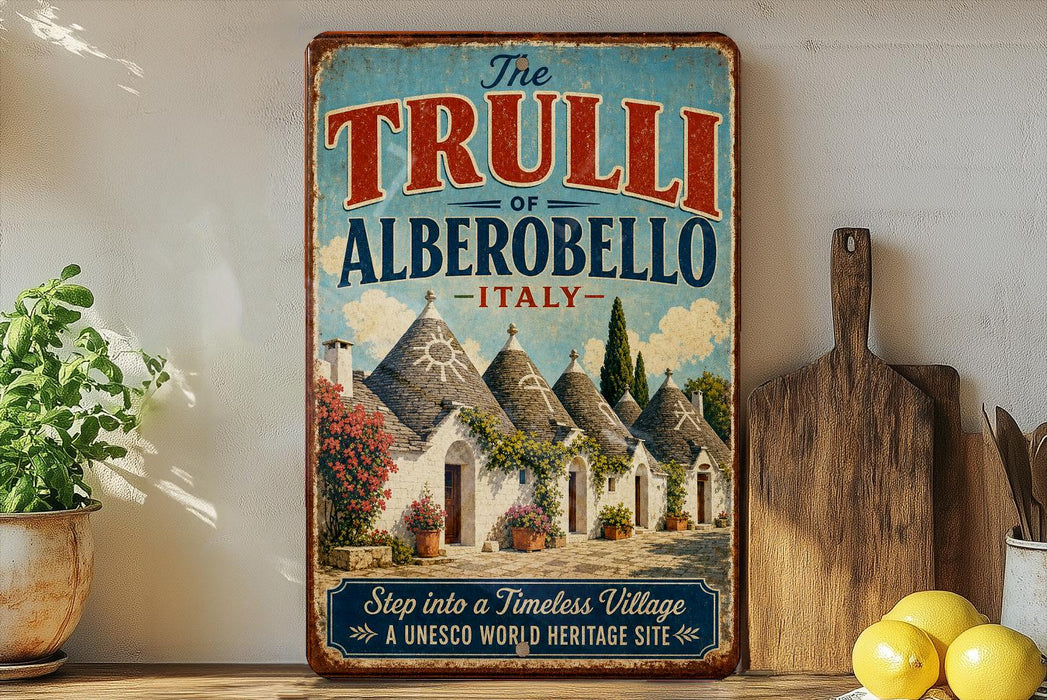 a vintage-style sign for "The Trulli of Alberobello, Italy", depicting a picturesque village with white buildings and colorful roofs.