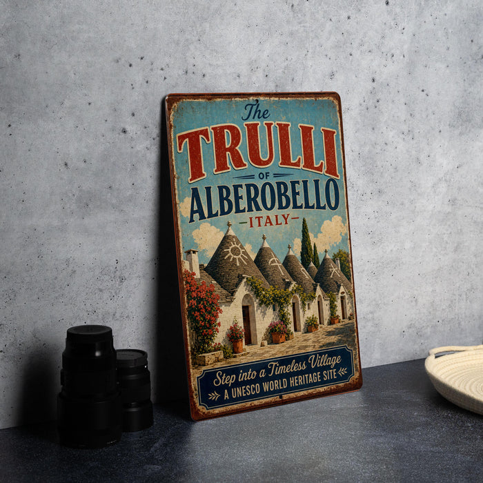 A vintage-style metal sign with the text "The TRULLI of ALBEROBELLO ITALY" and an illustration of a village with thatched roofs.