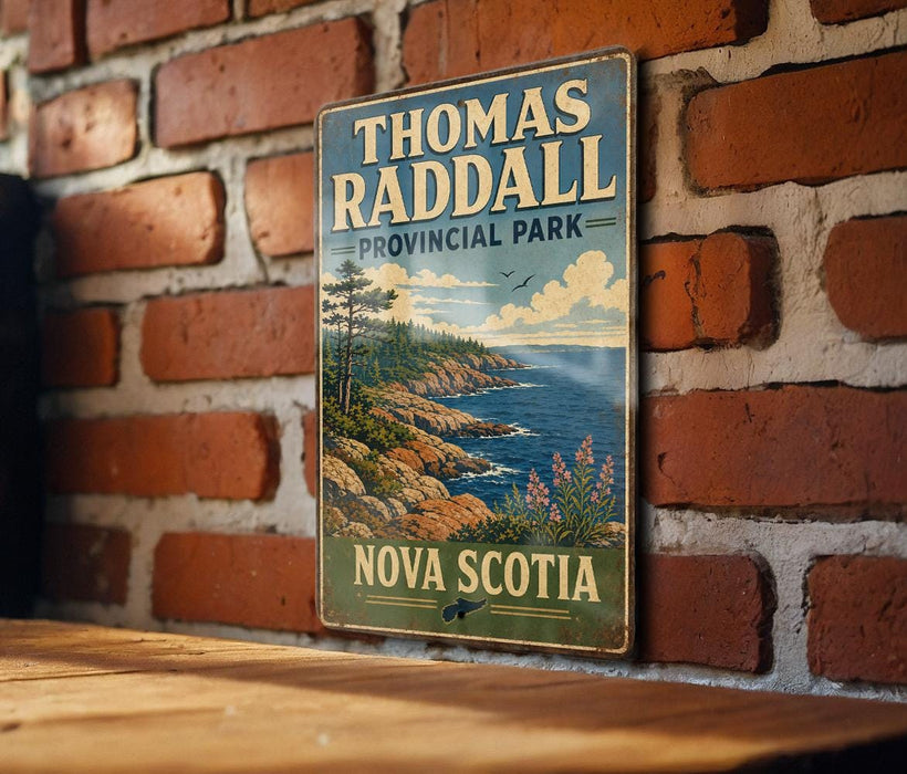 A vintage-style metal sign for Thomas Radcliffe Provincial Park in Nova Scotia, featuring a scenic landscape with mountains, trees, and a body of water.