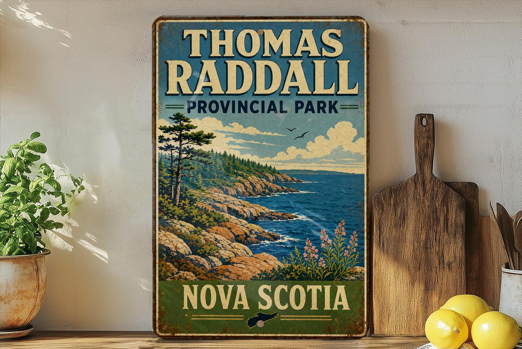 A vintage-style sign for Thomas Radcliffe Provincial Park in Nova Scotia, featuring a scenic coastal landscape with rocky cliffs, pine trees, and a body of water.