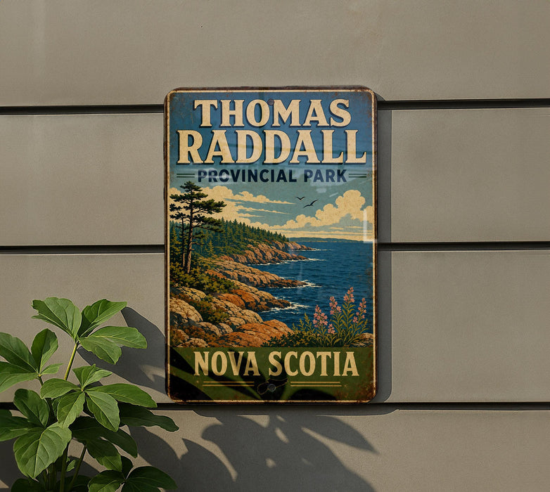 A vintage-style metal sign for Thomas Radcliffe Provincial Park in Nova Scotia, featuring a scenic landscape with a rocky coastline, pine trees, and a blue sky with clouds.