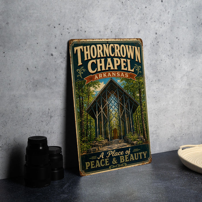 A vintage-style sign for the "Thorncrown Chapel" in Arkansas, featuring an illustration of the chapel surrounded by trees and greenery.