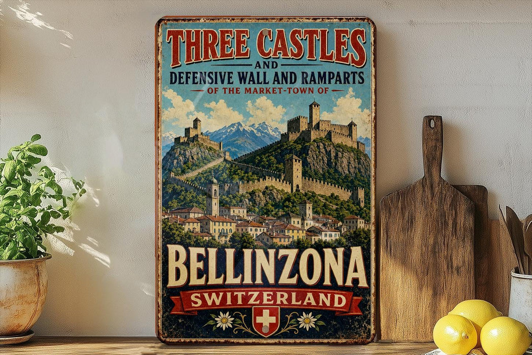 A vintage-style metal sign with the text "Three Castles and Defensive Wall and Ramparts of the Market-Town of Bellinzona Switzerland" displayed on a shelf.