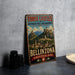 A vintage metal sign advertising "Three Castles and Defensive Wall and Ramparts of the Market-Town of Bellinzona Switzerland" is displayed on a gray wall.