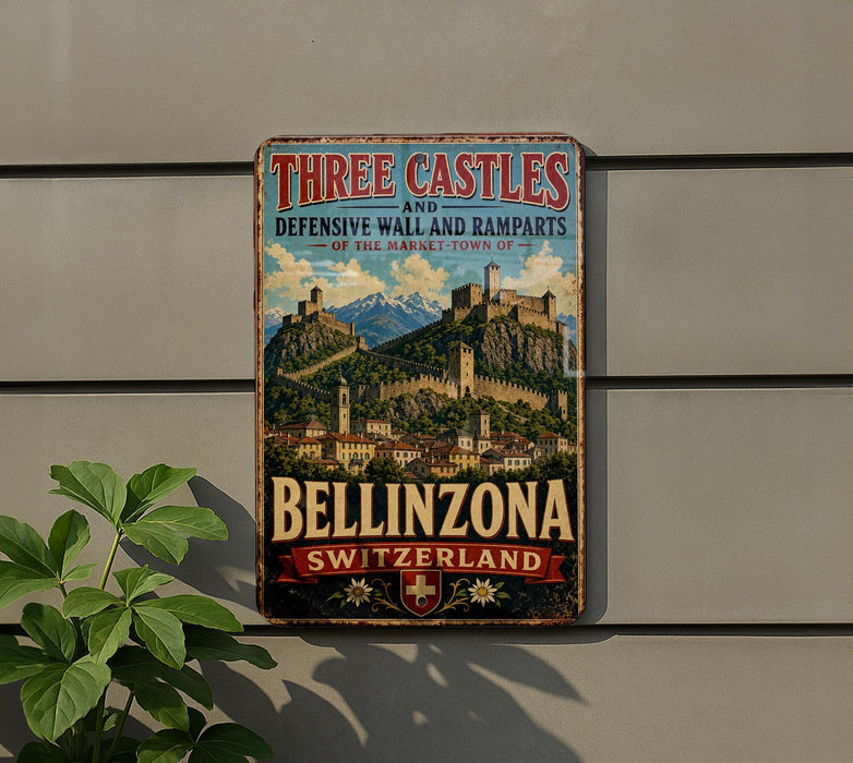 A vintage metal sign with the text "Three Castles and Defensive Wall and Ramparts of the Market-Town of Bellinzona SWITZERLAND" and an illustration of a castle on a hill.
