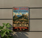 A vintage metal sign with the text "Three Castles and Defensive Wall and Ramparts of the Market-Town of Bellinzona SWITZERLAND" and an illustration of a castle on a hill.