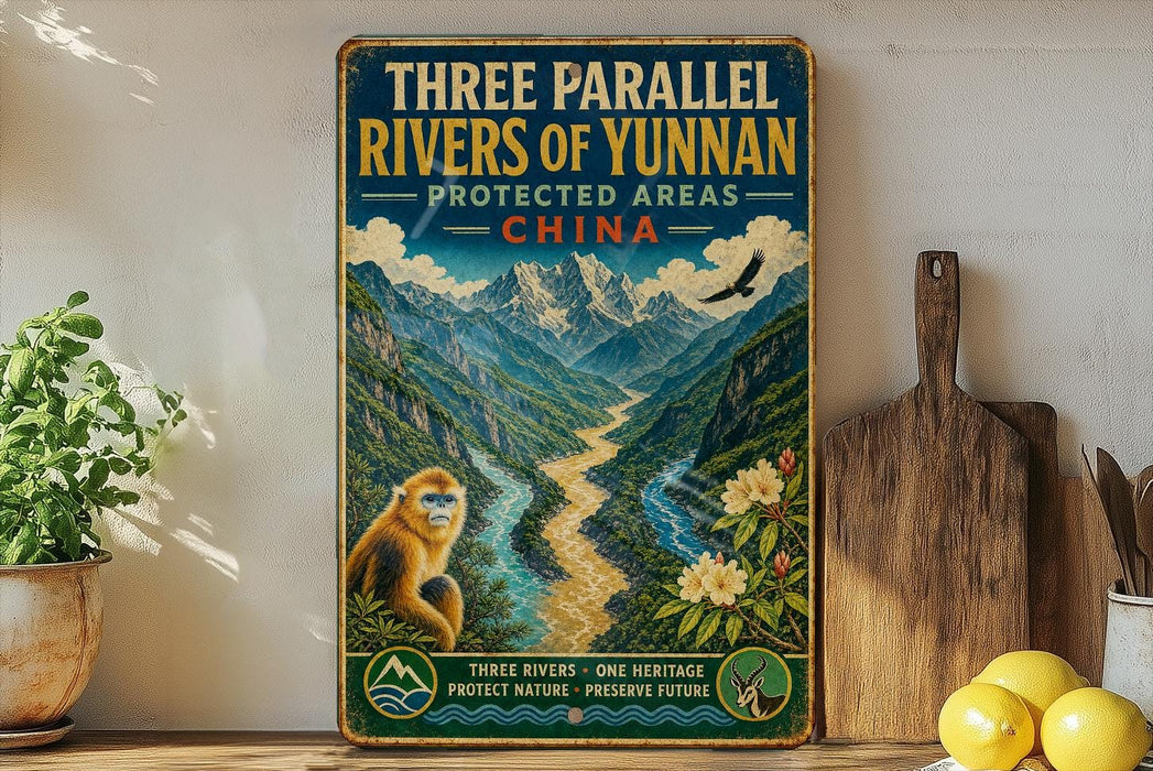 A vintage-style metal sign with a mountain landscape and a monkey, mounted on a wall next to a wooden cutting board and some potted plants.