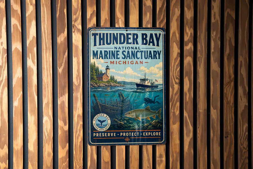 A sign for Thunder Bay National Marine Sanctuary, Michigan, featuring a lighthouse and a boat on the water.