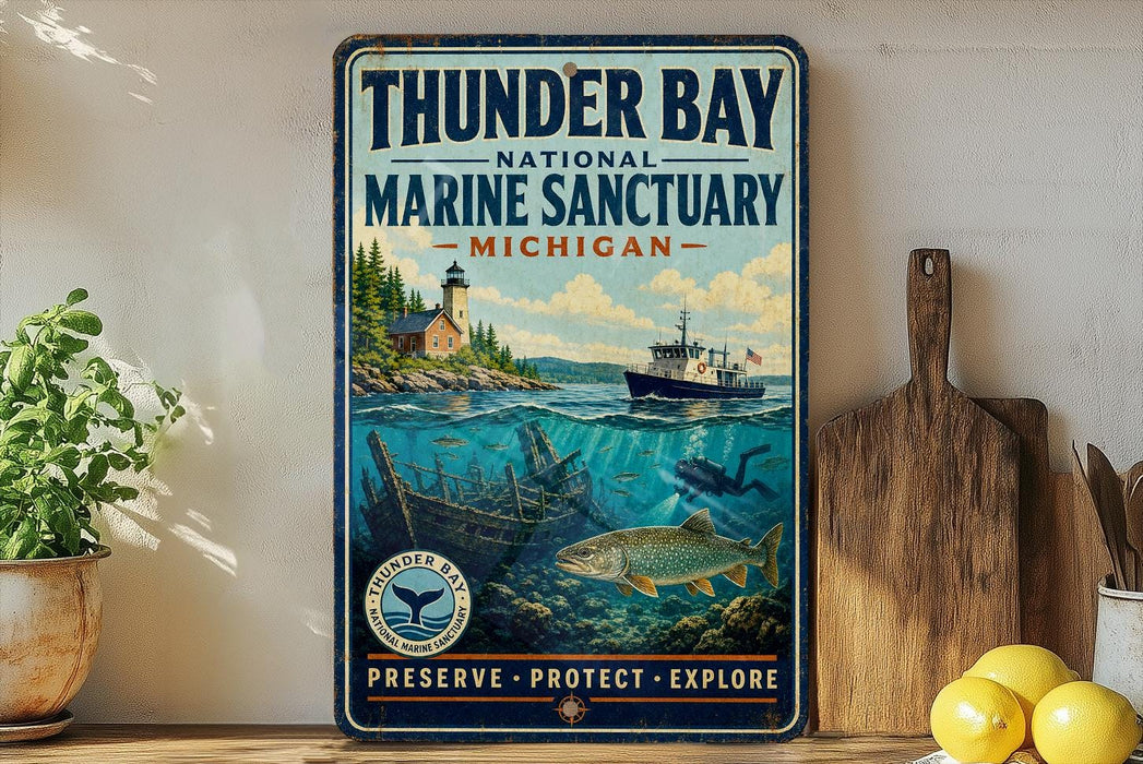 A vintage-style metal sign for Thunder Bay National Marine Sanctuary, Michigan, featuring an illustration of underwater marine life and a lighthouse.