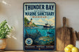 A vintage-style metal sign for Thunder Bay National Marine Sanctuary, Michigan, featuring an illustration of underwater marine life and a lighthouse.