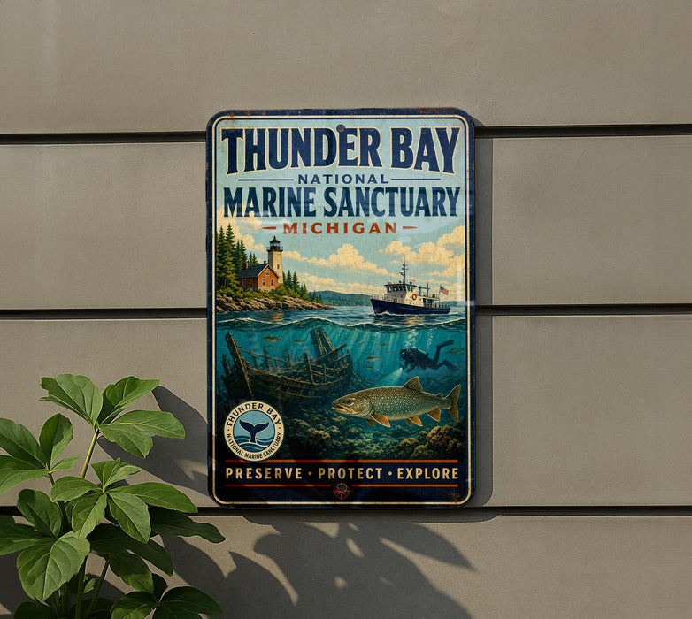 A vintage-style sign for Thunder Bay National Marine Sanctuary, Michigan, featuring a lighthouse, a ship, and underwater scenery.