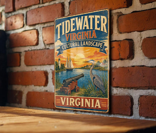 A vintage-style metal sign for Tidewater Virginia, featuring a seascape with a lighthouse, a crane, and a crane in the distance.