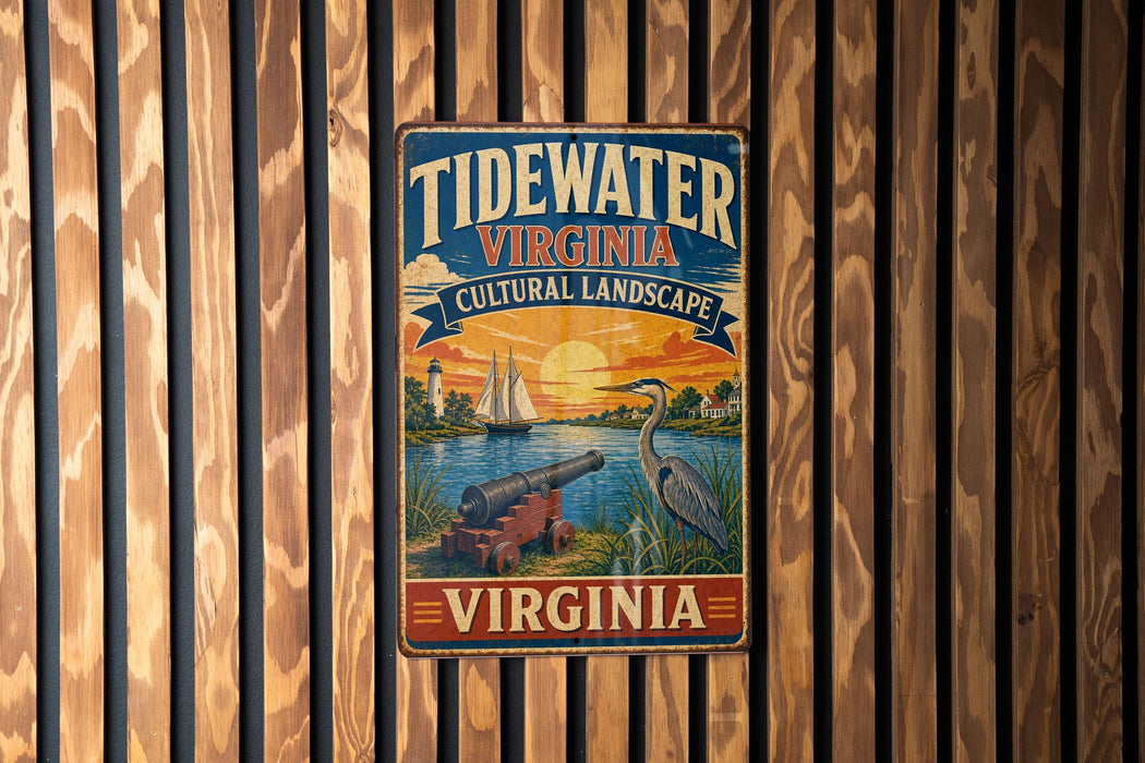 A vintage metal sign for Tidewater Virginia, featuring a sailboat, crane, and a sunset over the water, mounted on a wooden wall.