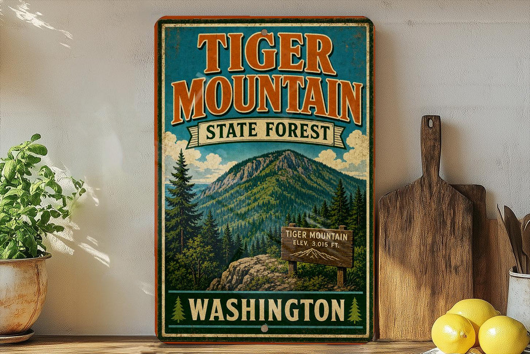 A vintage-style sign for Tiger Mountain State Forest in Washington, featuring a mountain landscape and a wooden sign with the text "Tiger Mountain Elev. 8,015 ft".