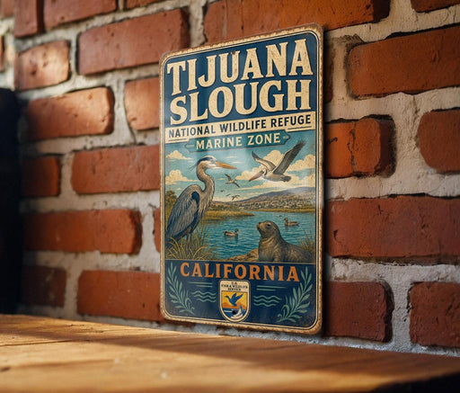A vintage metal sign for the Tijuanan Slough National Wildlife Refuge in California, featuring illustrations of various wildlife species.