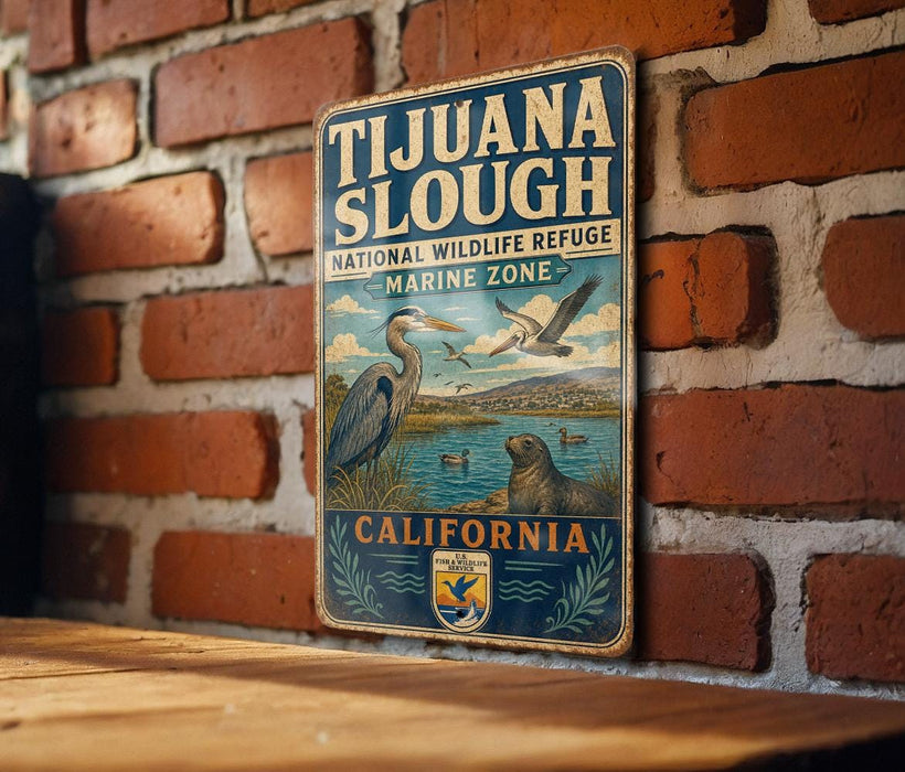 A vintage metal sign for the Tijuanan Slough National Wildlife Refuge in California, featuring illustrations of various wildlife species.