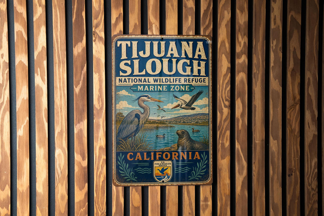 A metal sign with the text "Tijuanas Slough National Wildlife Refuge Marine Zone" and an illustration of a bird and a seal, indicating the location of the refuge in California.