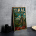 A vintage-style metal sign for the Tikal National Park in Guatemala, featuring an illustration of the Mayan ruins of Tikal.