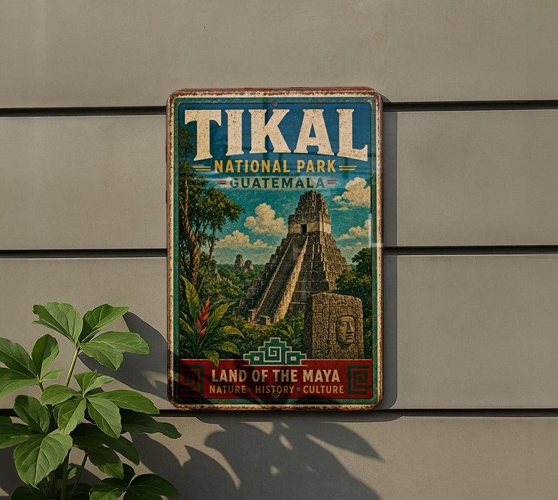 A vintage-style sign for the Tikal National Park in Guatemala, featuring an illustration of the Mayan ruins of Tikal.