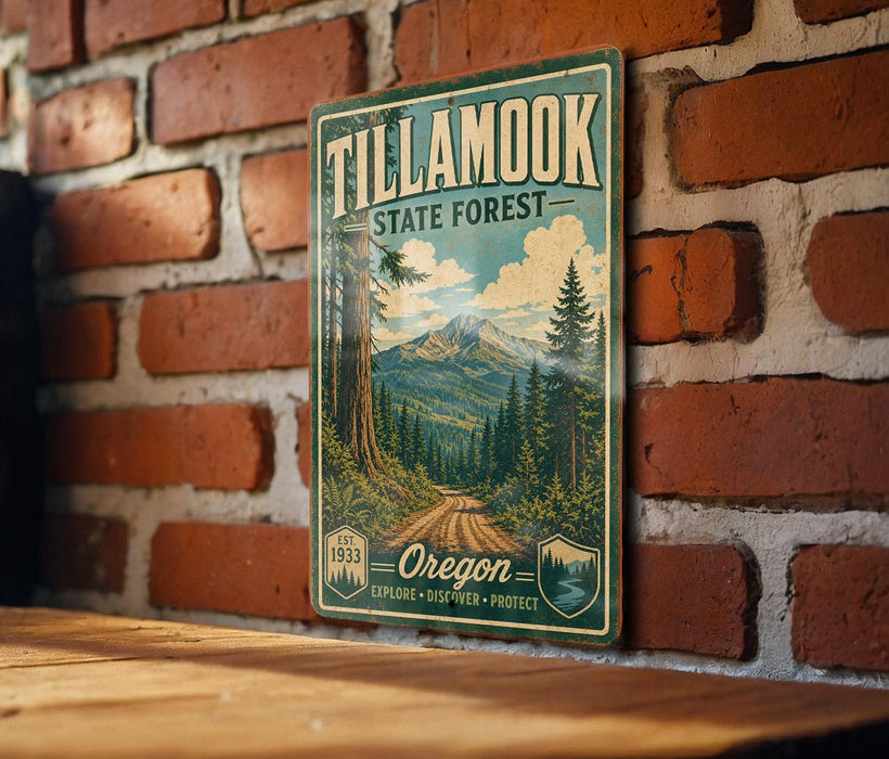 A vintage-style metal sign for Tillamook State Forest, featuring a scenic mountain landscape and trees, mounted on a brick wall.