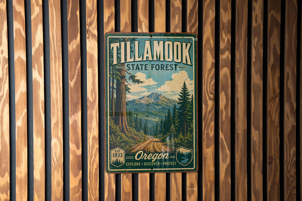 A vintage metal sign for Tillamook State Forest, featuring a scenic mountain landscape with pine trees and a dirt road.