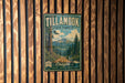 A vintage metal sign for Tillamook State Forest, featuring a scenic mountain landscape with pine trees and a dirt road.