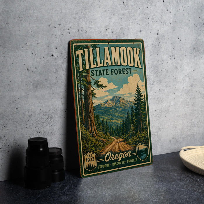 A vintage-style metal sign for Tillamook State Forest, featuring a scenic mountain landscape and a road leading through the forest.