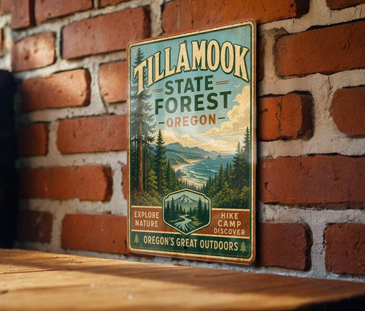 A vintage metal sign for Tillamook State Forest in Oregon, featuring a scenic illustration of the forest and mountains.