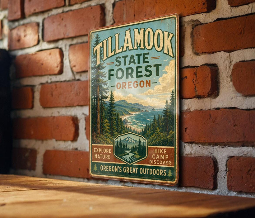 A vintage metal sign for Tillamook State Forest in Oregon, featuring a scenic illustration of the forest and mountains.