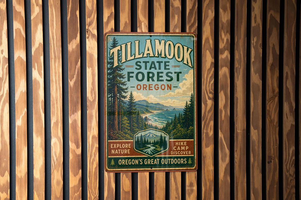 A vintage metal sign for Tillamook State Forest in Oregon, featuring a scenic illustration of the forest and mountains.