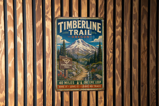A vintage-style metal sign for the Timberline Trail in Oregon, featuring a mountain landscape and trail information.