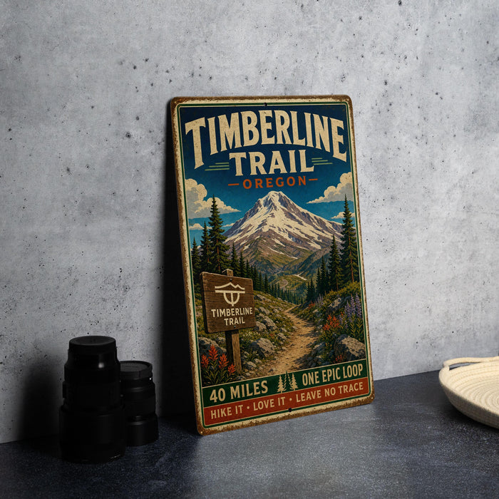 A vintage-style metal sign for the Timberline Trail in Oregon, featuring a mountain landscape and trail marker.