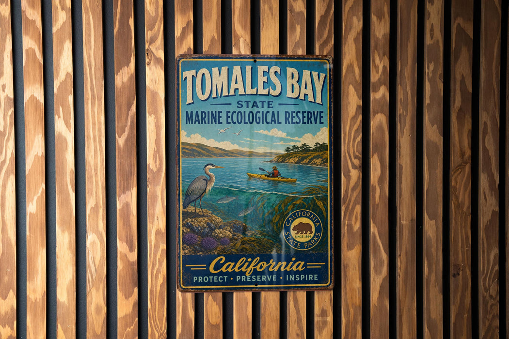 A vintage metal sign for Tomales Bay State Marine Ecological Reserve, featuring a scenic illustration of a person kayaking and a bird, mounted on a wooden wall.