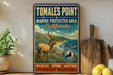 A vintage-style metal sign for Tomales Point, California, which is a marine protected area. The sign features an illustration of a deer and a bird in a natural setting, along with text promoting wildlife, ocean, and heritage conservation.