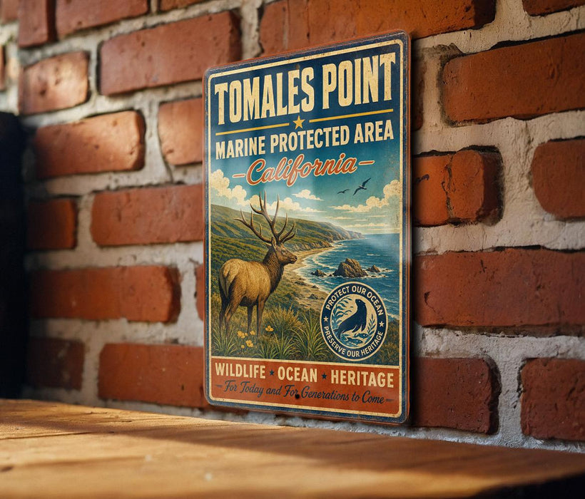 A vintage-style metal sign for Tomales Point, a marine protected area in California, featuring an illustration of a deer in a grassy field with a coastal landscape in the background.
