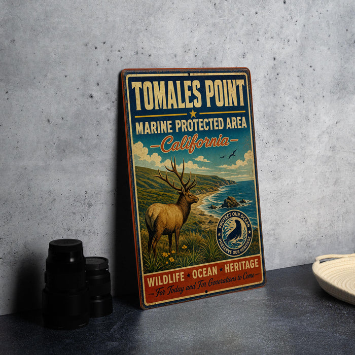 A vintage metal sign for Tomales Point, a protected marine area in California, featuring an illustration of a deer in a grassy field with a body of water in the background.