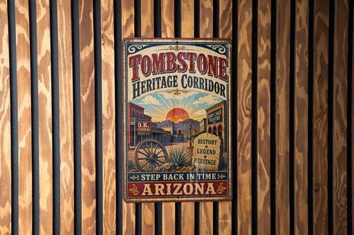 A vintage-style metal sign for the Tombstone Heritage Corridor in Arizona, featuring a desert landscape with a sun and buildings, mounted on a wooden wall.