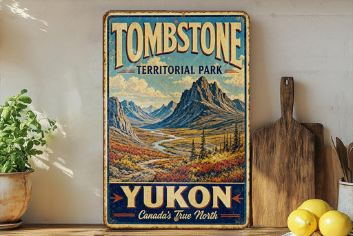 A vintage-style sign for Tombstone Territorial Park in Yukon, Canada, featuring a scenic mountain landscape.