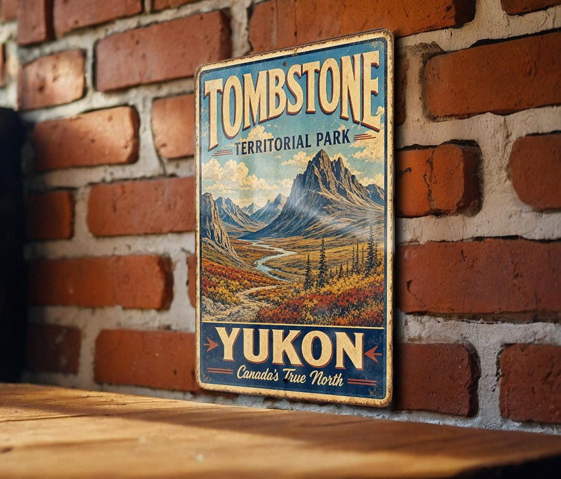 A vintage-style metal sign with the text "Tombstone Territorial Park Yukon Canada's True North" is displayed on a brick wall.